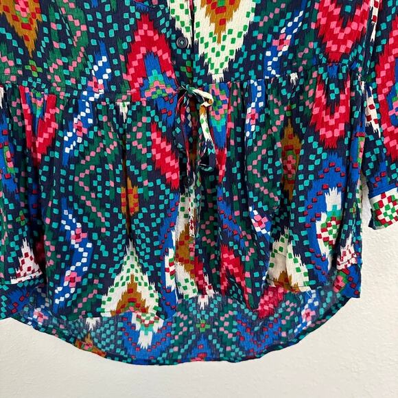 Maeve Anthropologie Pintuck Aztec Pattern Roll Tab Sleeve Tie Button Blouse 4 - Picture 3 of 11